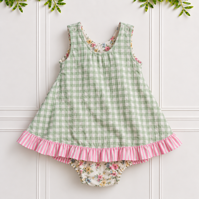 Baby Girl Reversible Set showing sage green gingham top with pink striped frills and matching floral knickers