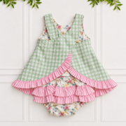 Baby Girl Reversible Set showing sage green gingham reverse with pink striped frills and floral knickers