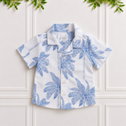 Boys Blue Palm Print Shirt with blue and white tropical palm trees, revere collar and short sleeves by Koco Bino.