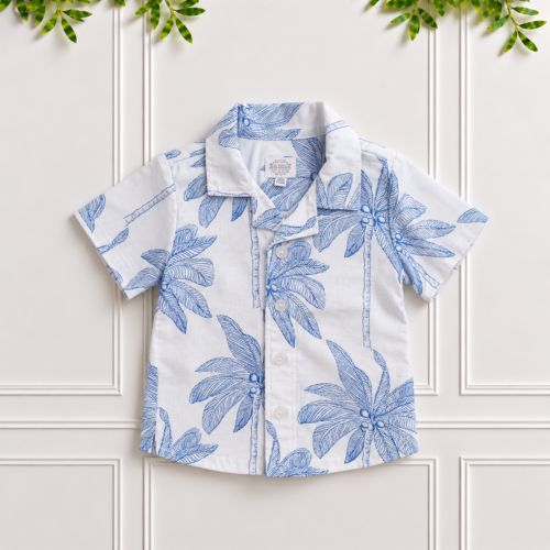 Boys Blue Palm Print Shirt with blue and white tropical palm trees, revere collar and short sleeves by Koco Bino.