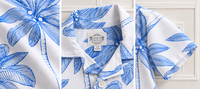 Boys Blue Palm Print Shirt close-up showing the tropical print, textured fabric, revere collar, Koco Bino logo, 6–12 months label and sleeve details.