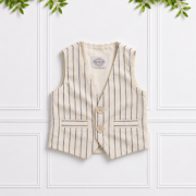 Boys’ striped waistcoat in stone and vanilla with navy pinstripes, two front buttons and welt pockets by Koco Bino.