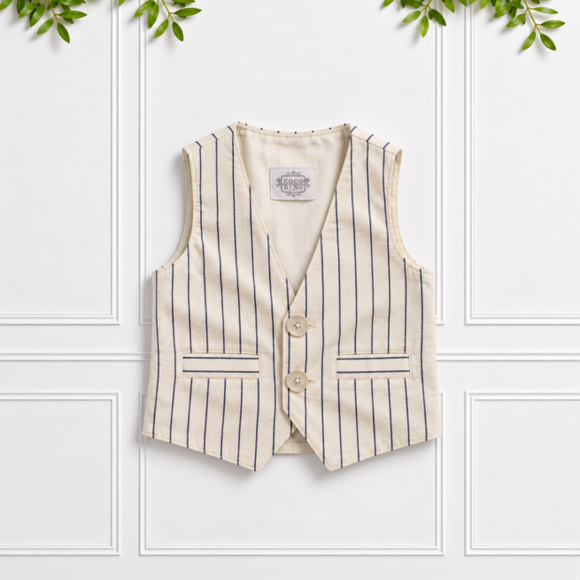 Boys’ striped waistcoat in stone and vanilla with navy pinstripes, two front buttons and welt pockets by Koco Bino.