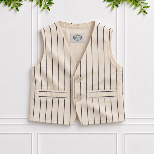 Boys’ striped waistcoat in stone and vanilla with navy pinstripes, two front buttons and welt pockets by Koco Bino.